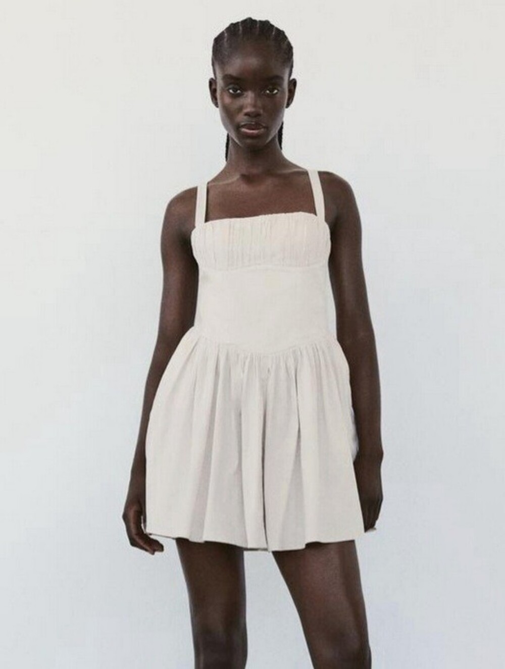 Zara Gathered Voluminous Mini Dress In Bone- Size S